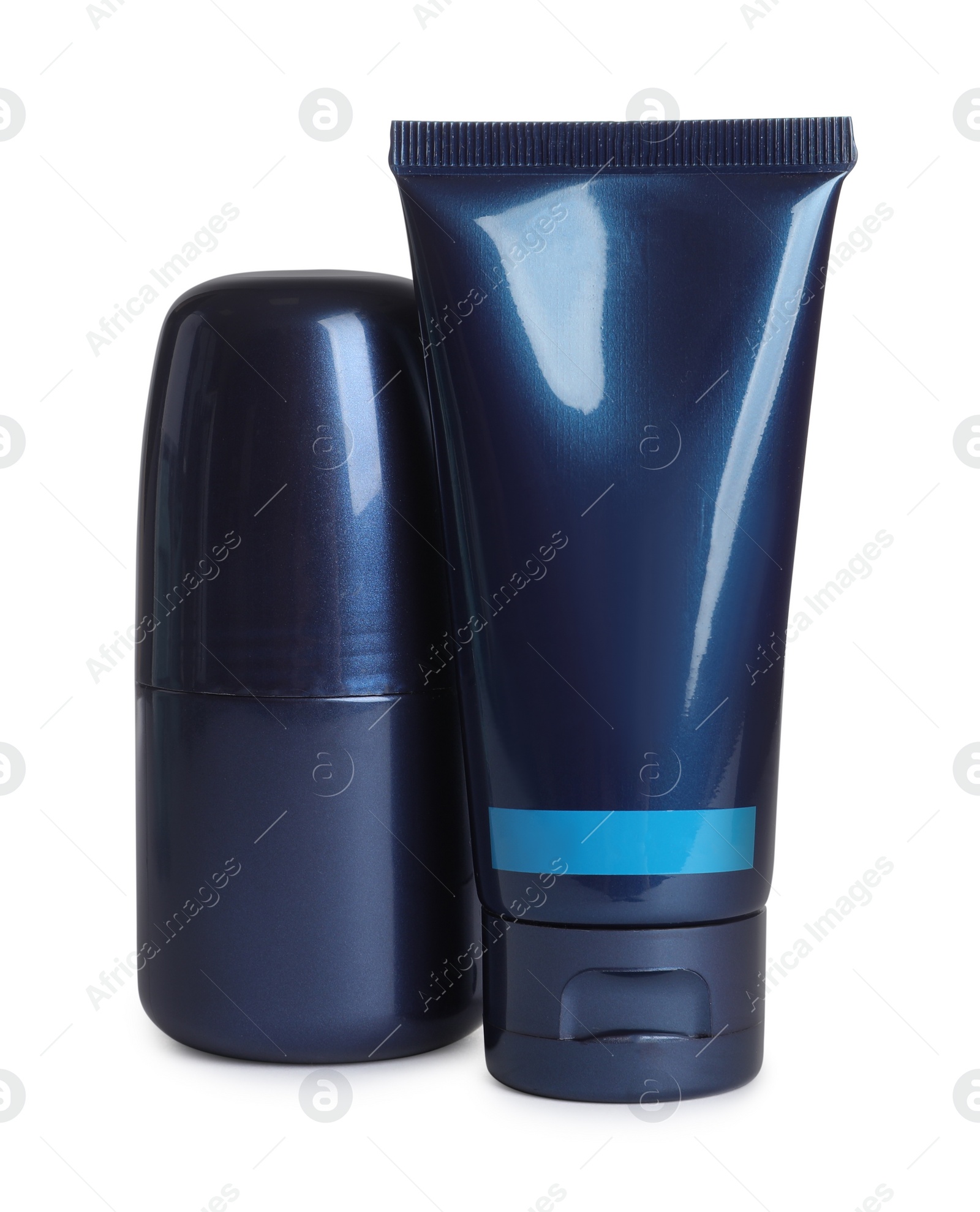 Photo of Men's facial cream and deodorant on white background. Mockup for design