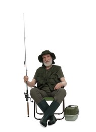 Photo of Fisherman with rod and tackle box on chair on white background