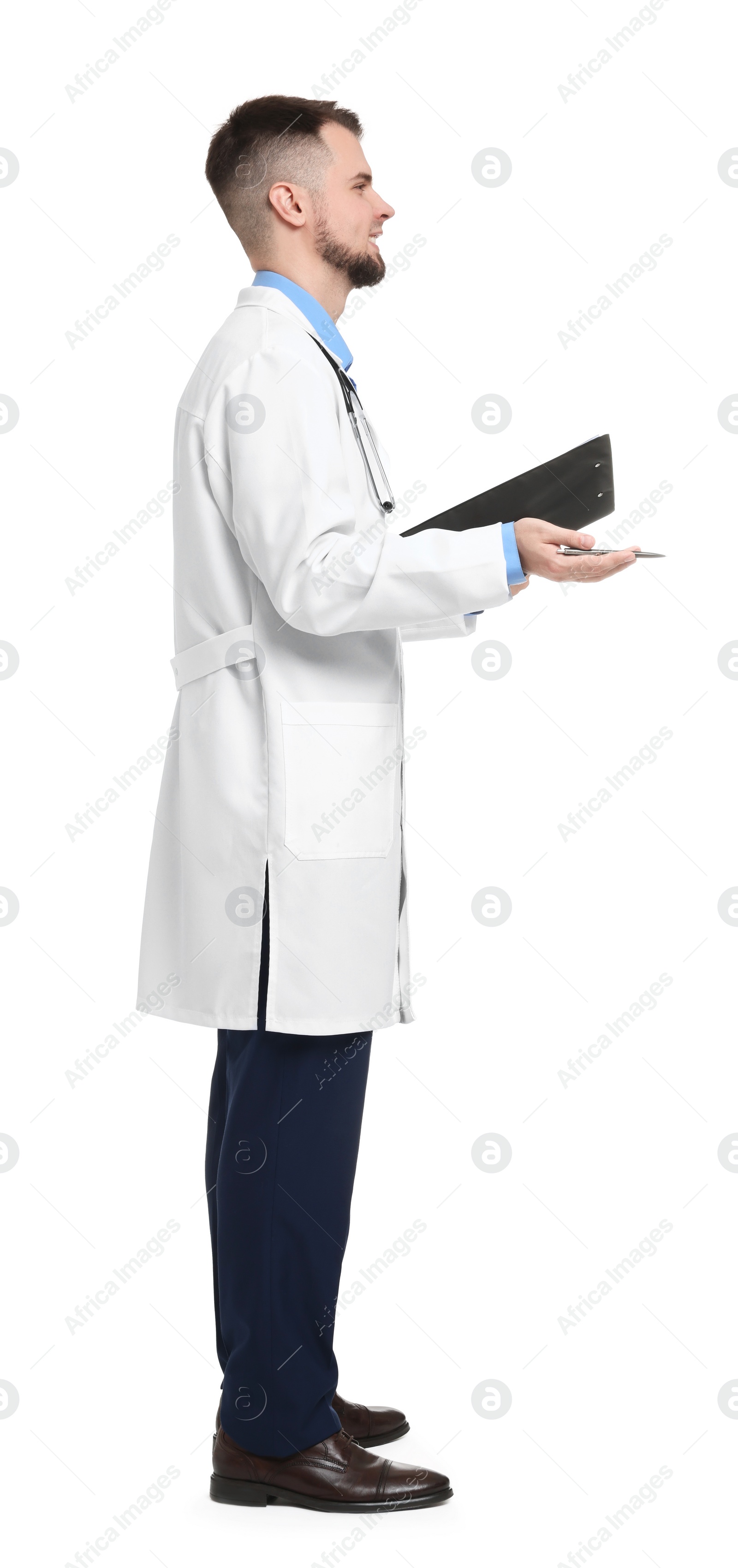 Photo of Doctor in coat with clipboard on white background