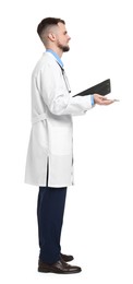 Doctor in coat with clipboard on white background