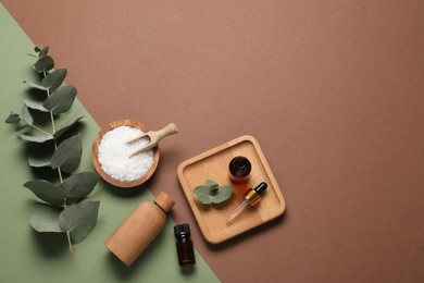 Aromatherapy products. Bottles of essential oil, sea salt and eucalyptus leaves on color background, flat lay. Space for text