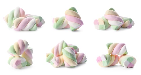 Set with tasty colorful marshmallows on white background