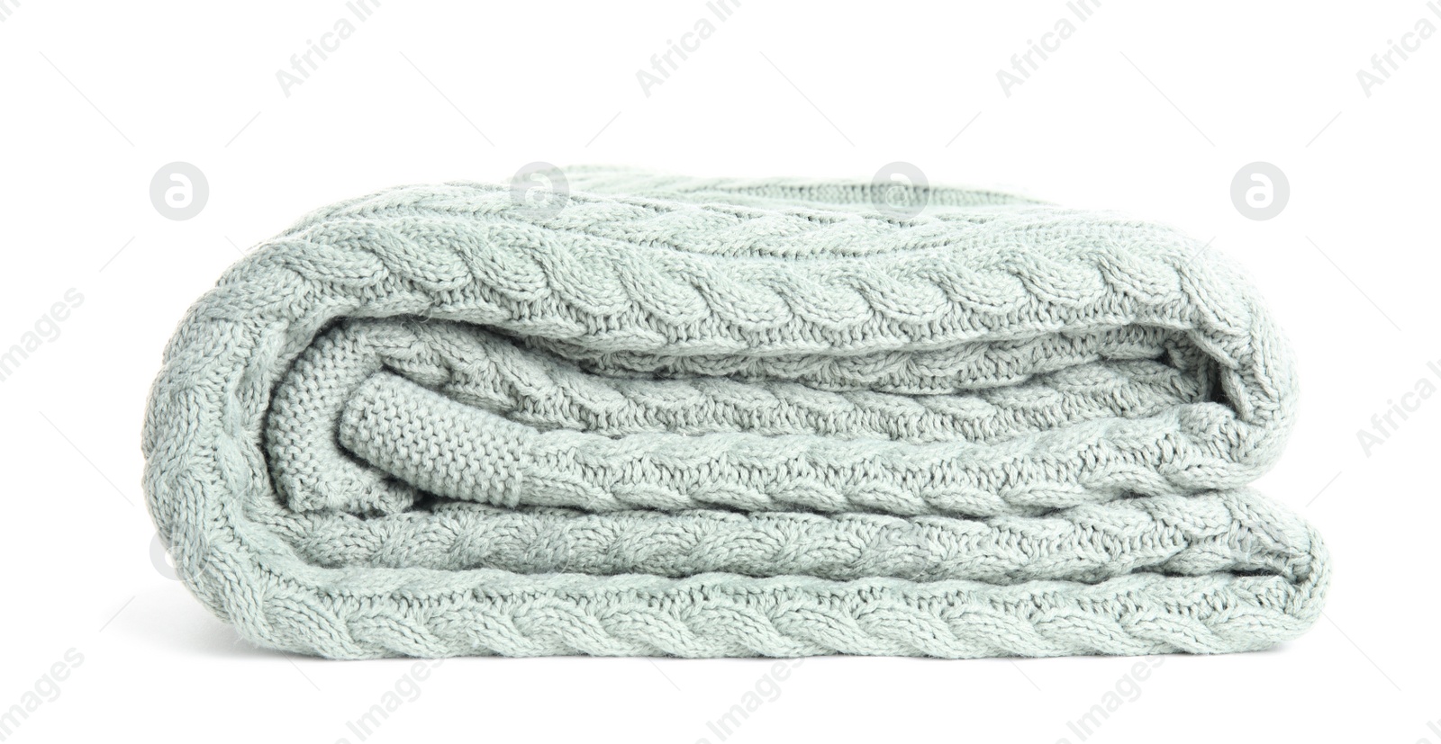 Photo of Stylish light knitted plaid on white background