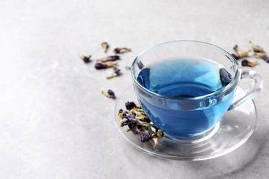 Photo of Glass cup of organic blue Anchan on light table, space for text. Herbal tea