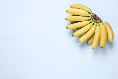 Bunch of ripe baby bananas on light blue background, top view. Space for text