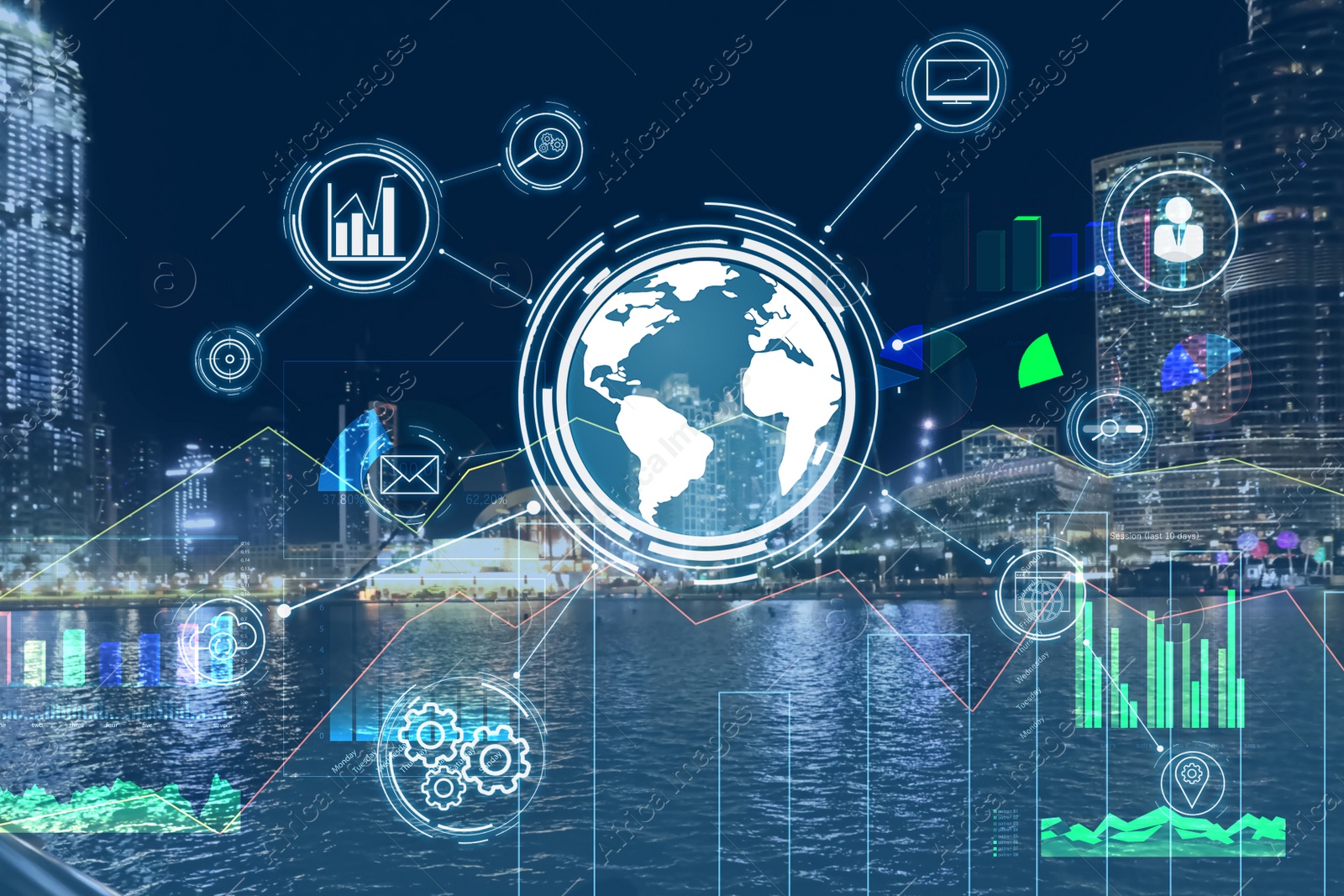 Image of Global business concept. Icons, world globe and charts on city landscape background