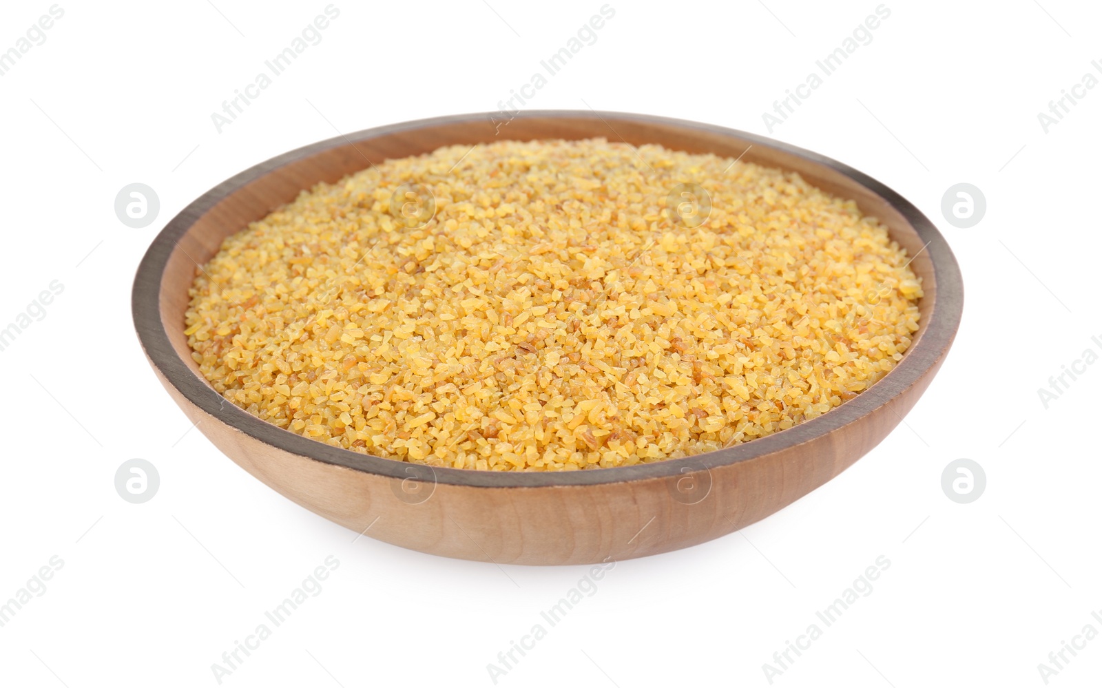 Photo of Wooden bowl with uncooked bulgur isolated on white