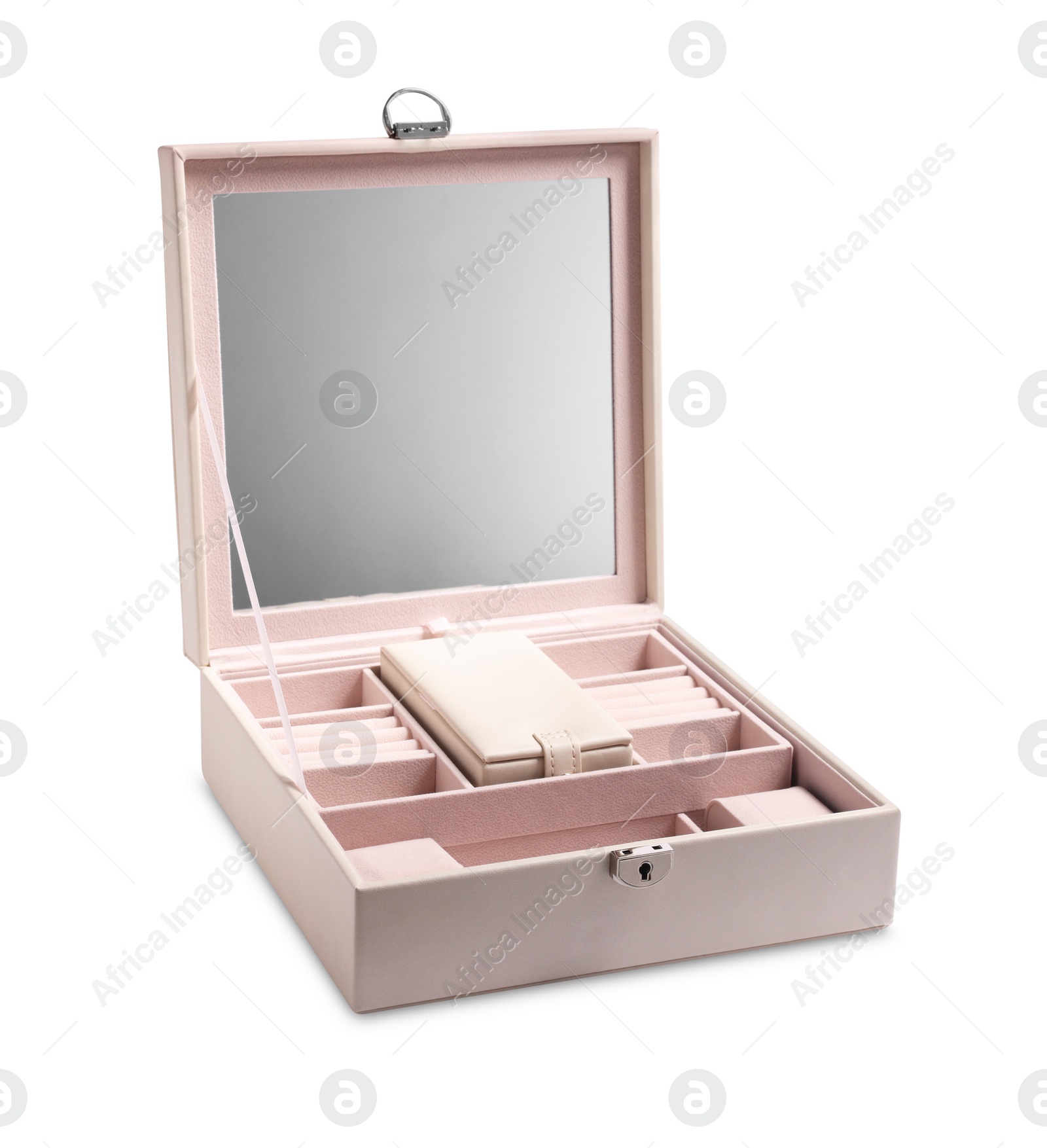 Photo of One empty jewelry box with mirror isolated on white