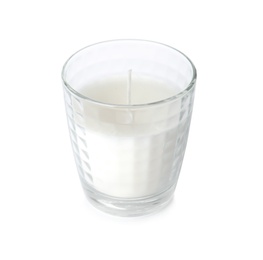 Photo of Wax candle in glass holder on white background