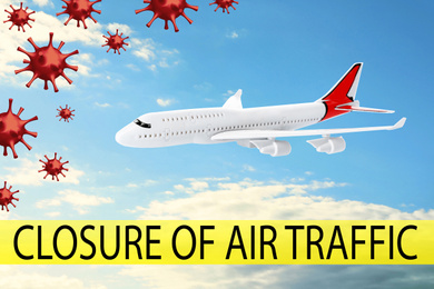 Image of Closure of air traffic through quarantine during coronavirus outbreak. Airplane in blue sky