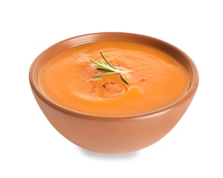 Bowl of tasty sweet potato soup isolated on white