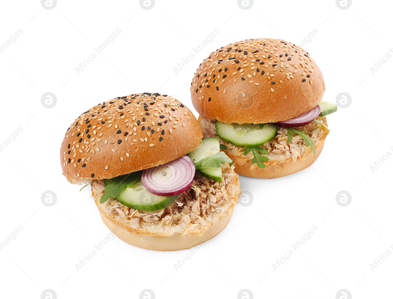 Photo of Delicious sandwiches with tuna and vegetables on white background