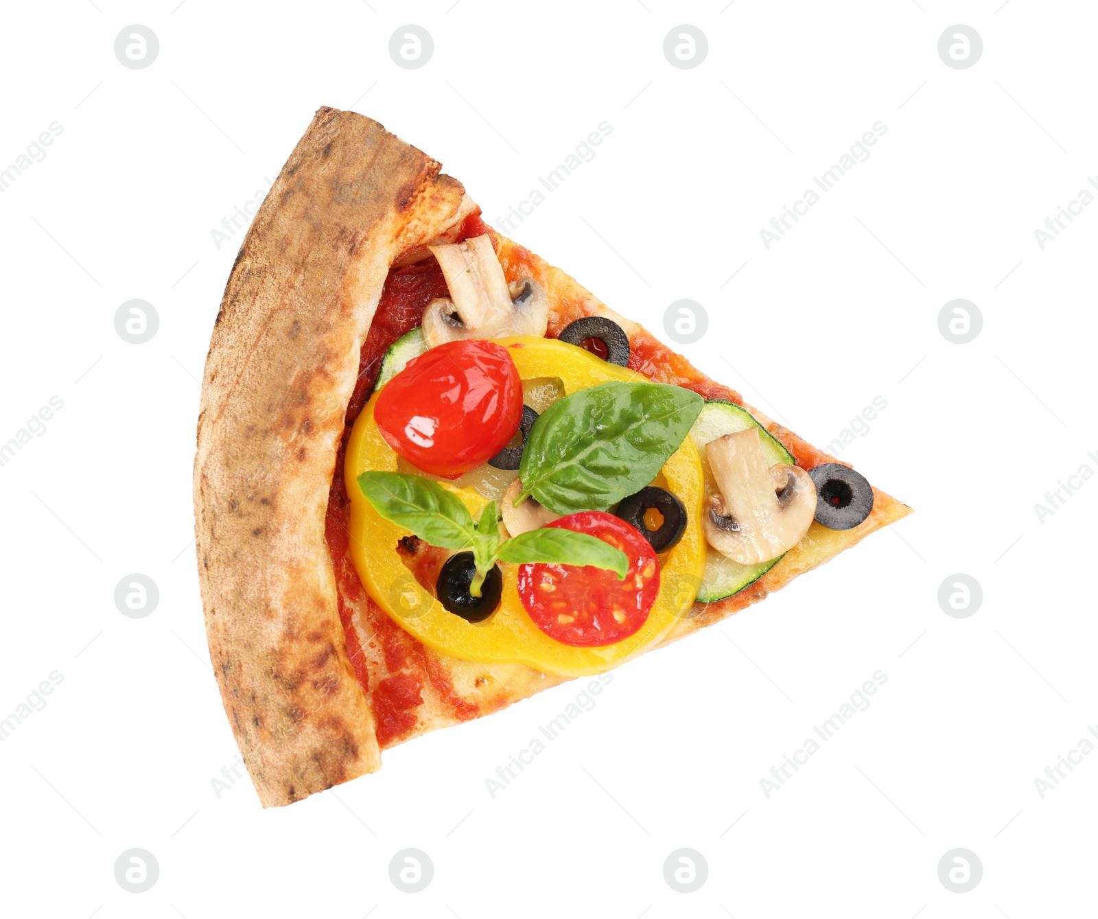 Photo of Slice of delicious pizza isolated on white, top view