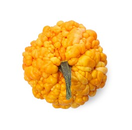 Photo of One orange pumpkin isolated on white, top view