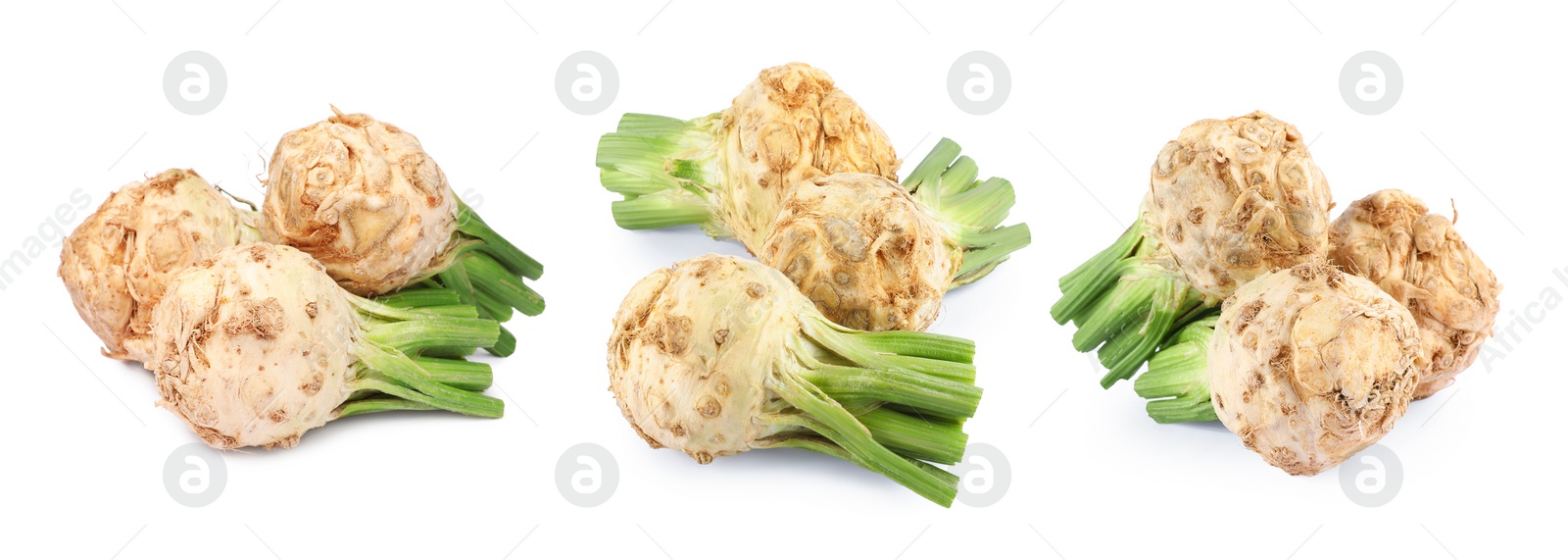 Image of Fresh celery roots isolated on white, collage design