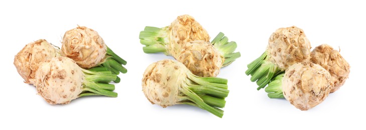 Image of Fresh celery roots isolated on white, collage design