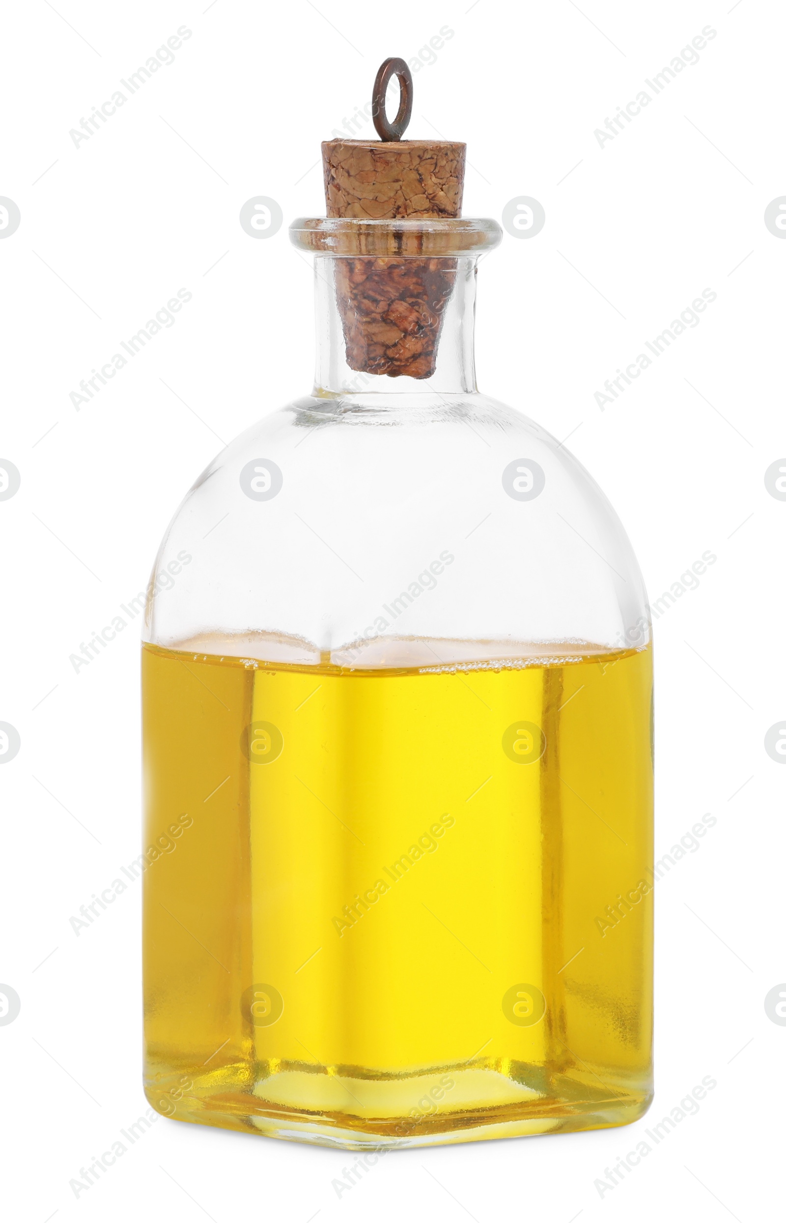 Photo of Glass jug of cooking oil isolated on white