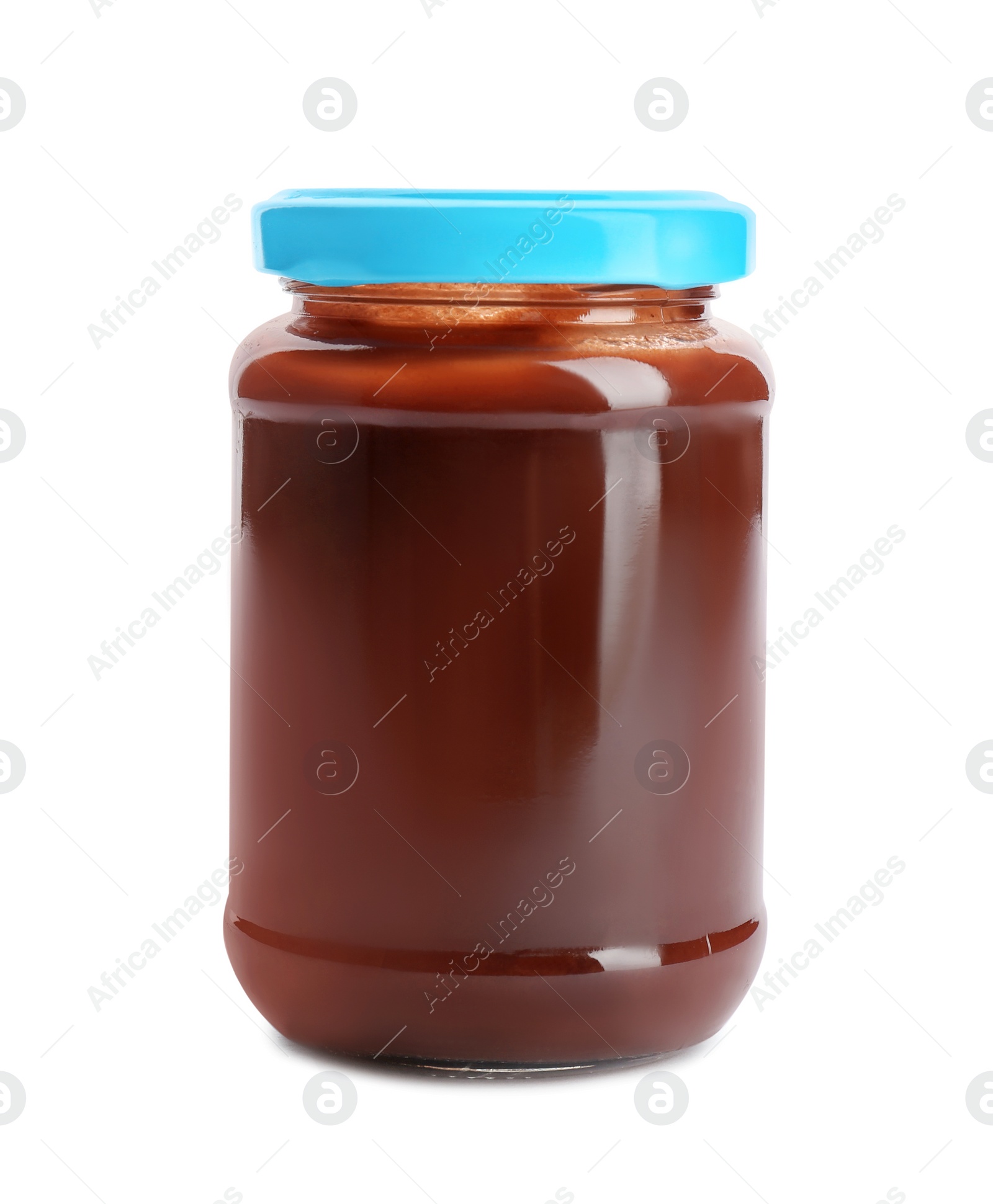 Photo of Jar with healthy baby food on white background