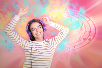 Image of Attractive young woman enjoying music in headphones on color background. Bright notes illustration