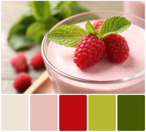 Image of Closeup view of glass with delicious raspberry mousse and color palette. Collage