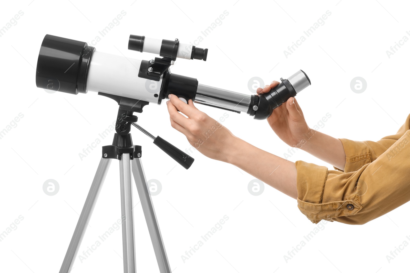 Photo of Astronomer with telescope on white background, closeup