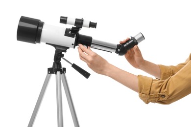Photo of Astronomer with telescope on white background, closeup