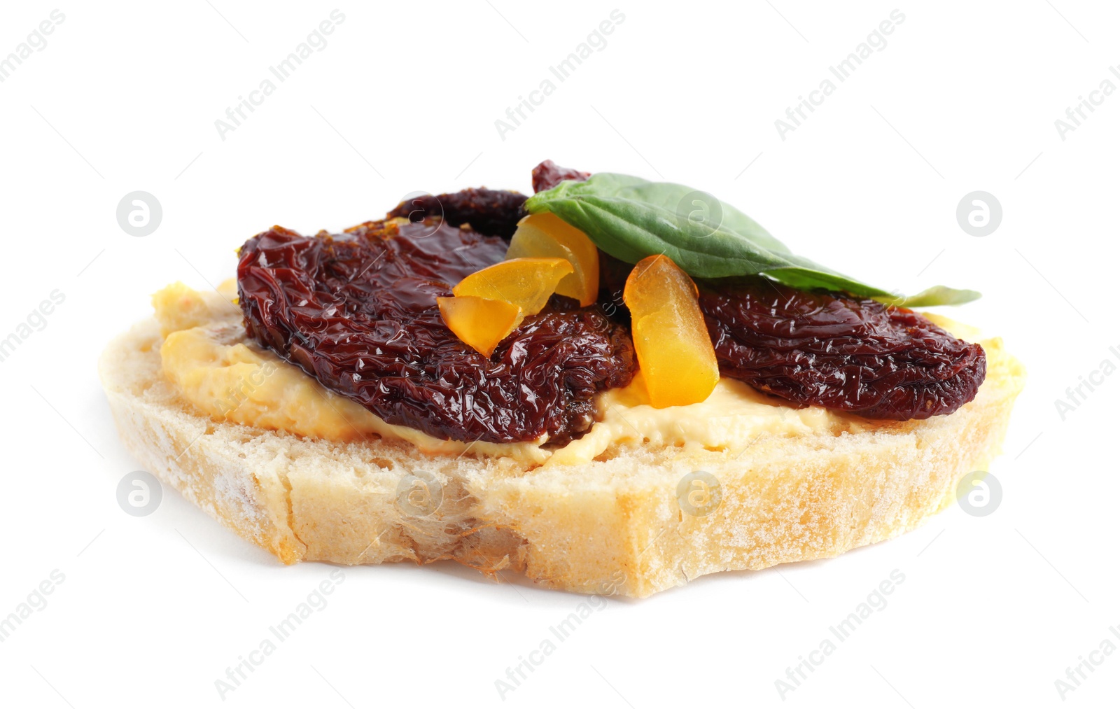 Photo of Delicious tomato bruschetta on white background. Traditional Italian antipasto