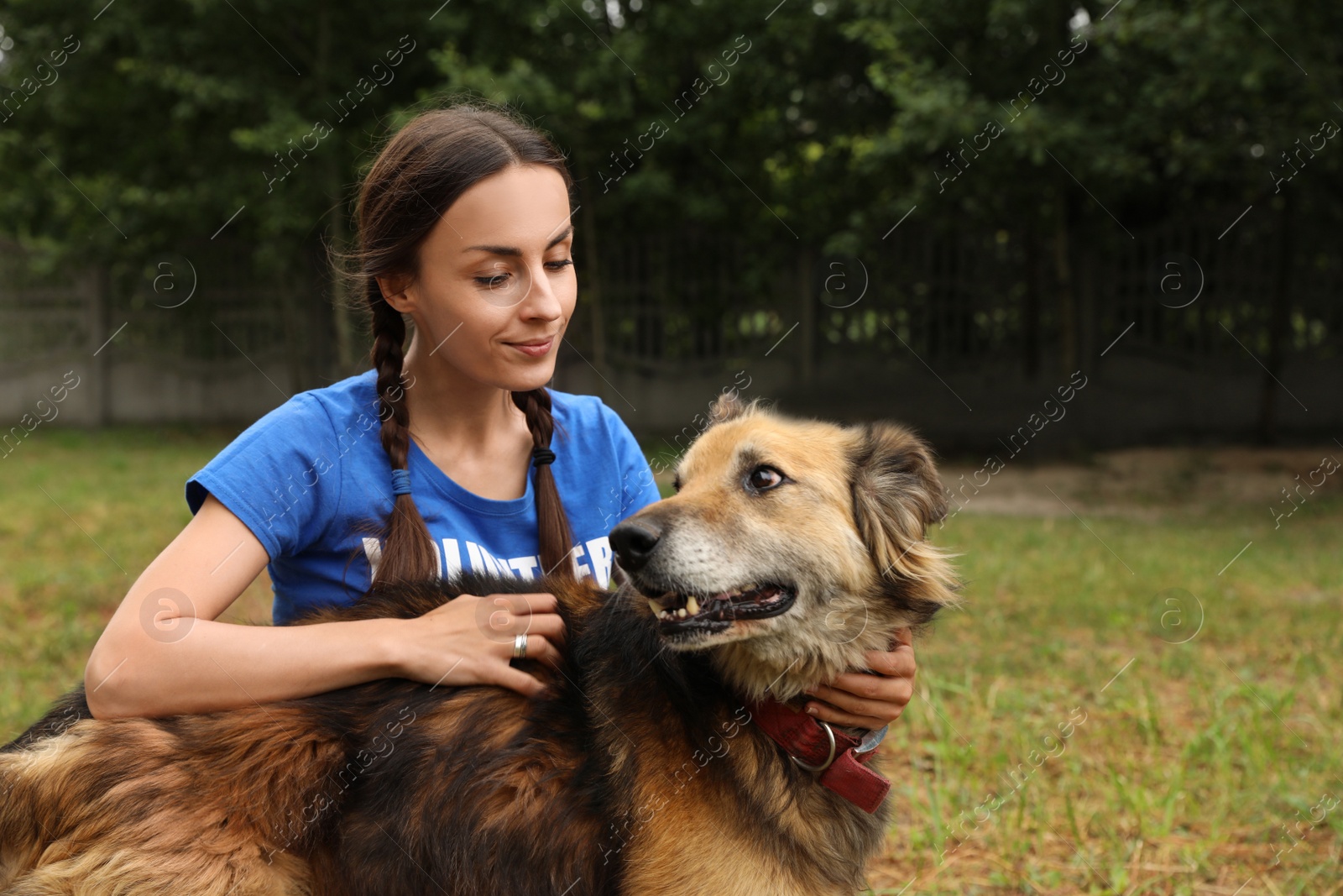 Photo of Female volunteer with homeless dog at animal shelter outdoors