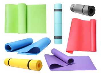 Set with colorful camping mats on white background 