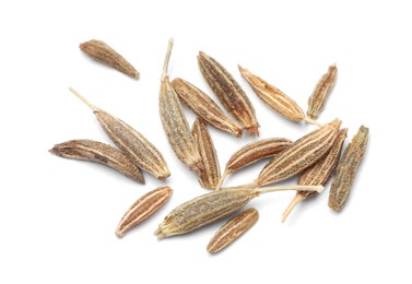 Photo of Heap of aromatic caraway (Persian cumin) seeds isolated on white, top view