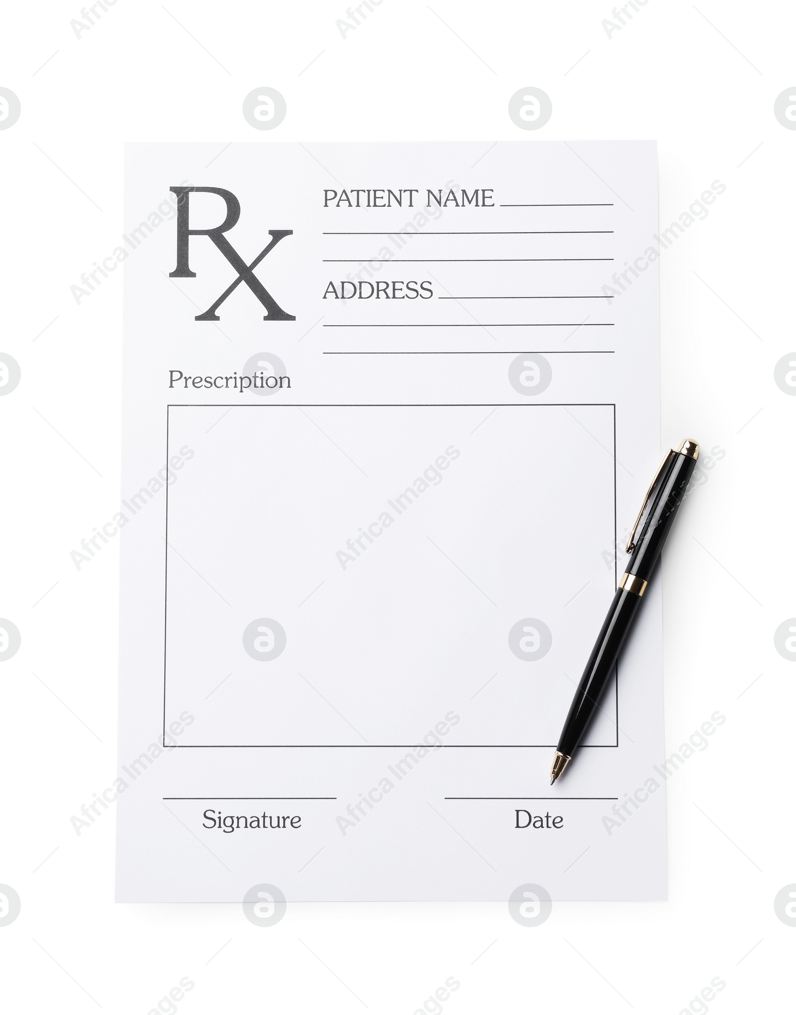 Photo of Medical prescription form and pen isolated on white, top view