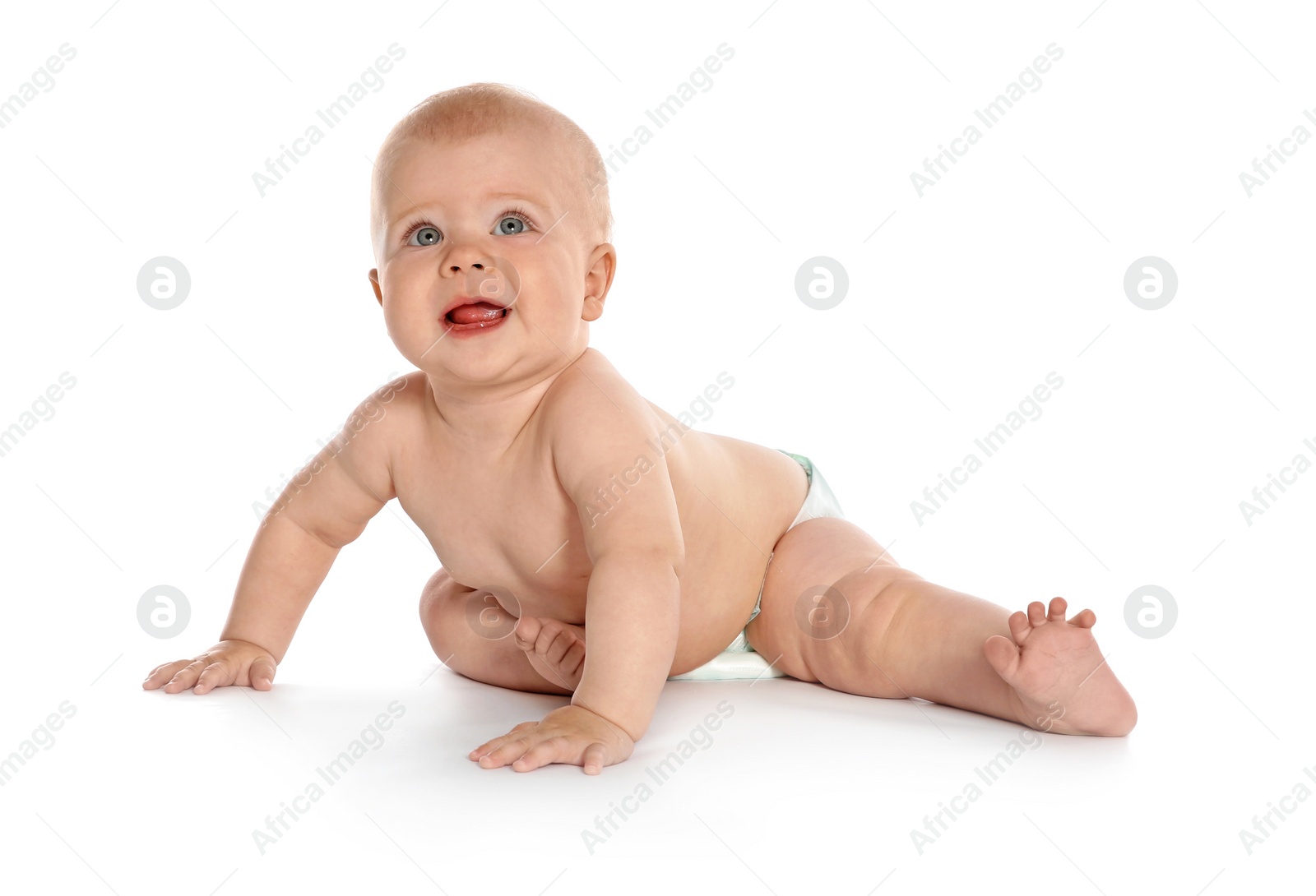 Photo of Cute little baby crawling on white background