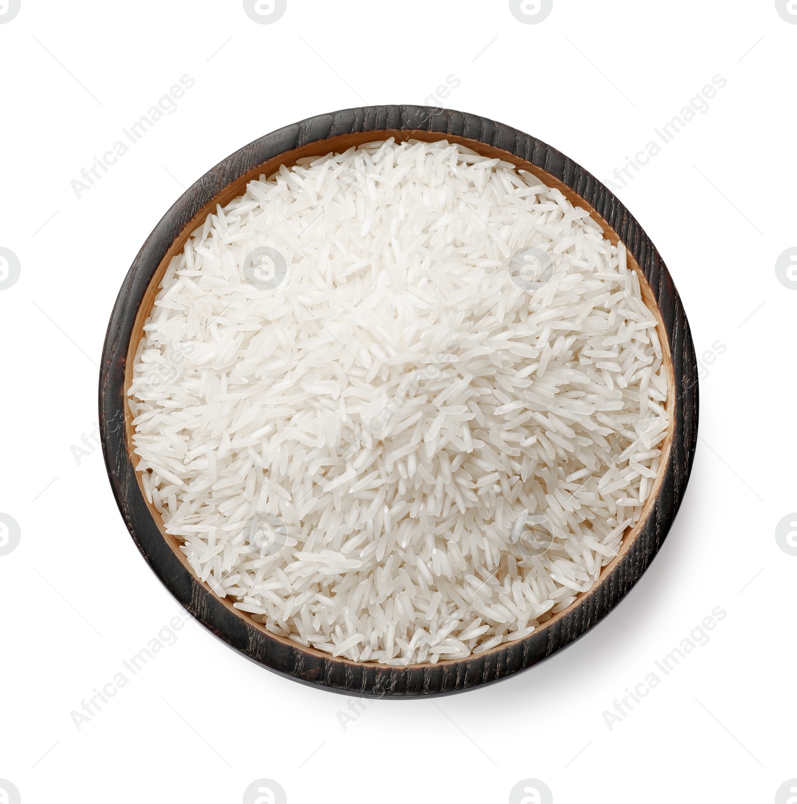 Photo of Raw basmati rice in bowl isolated on white, top view