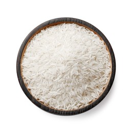 Photo of Raw basmati rice in bowl isolated on white, top view