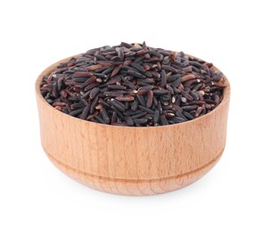 Bowl with raw black rice isolated on white