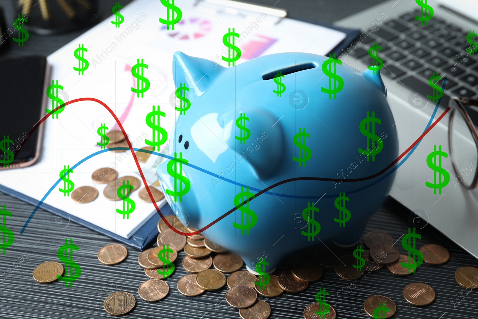 Image of Blue piggy bank with coins surrounded by dollar signs