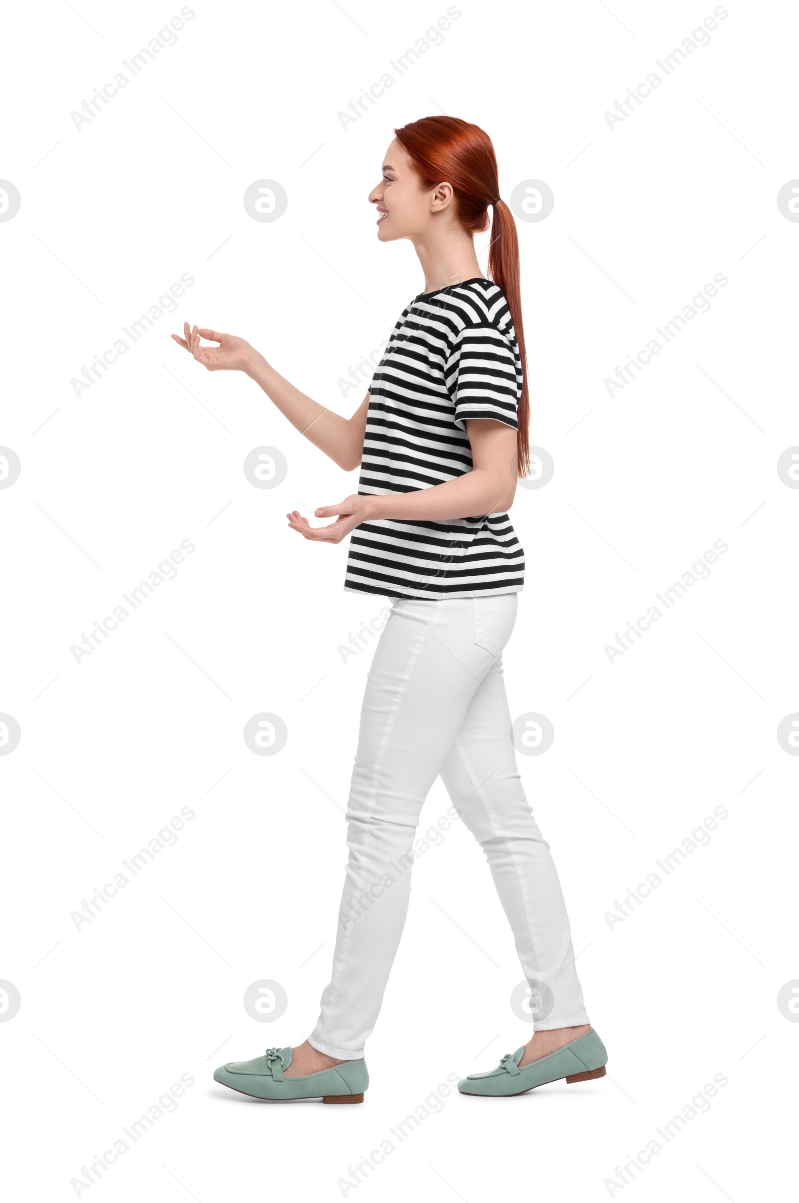 Photo of Portrait of happy woman on white background