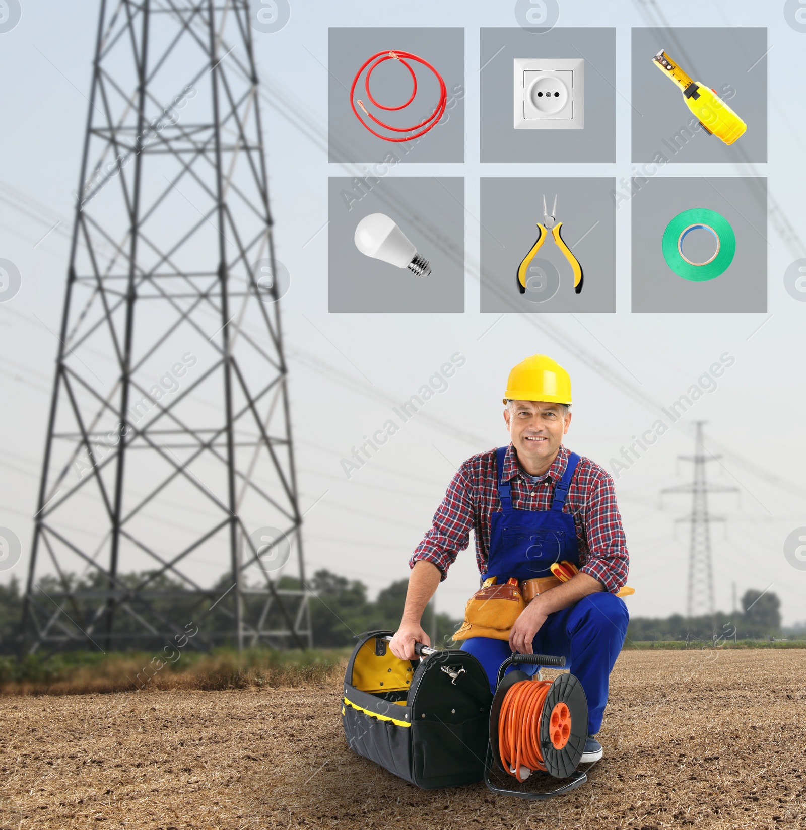 Image of Set of tools over mature electrician in field