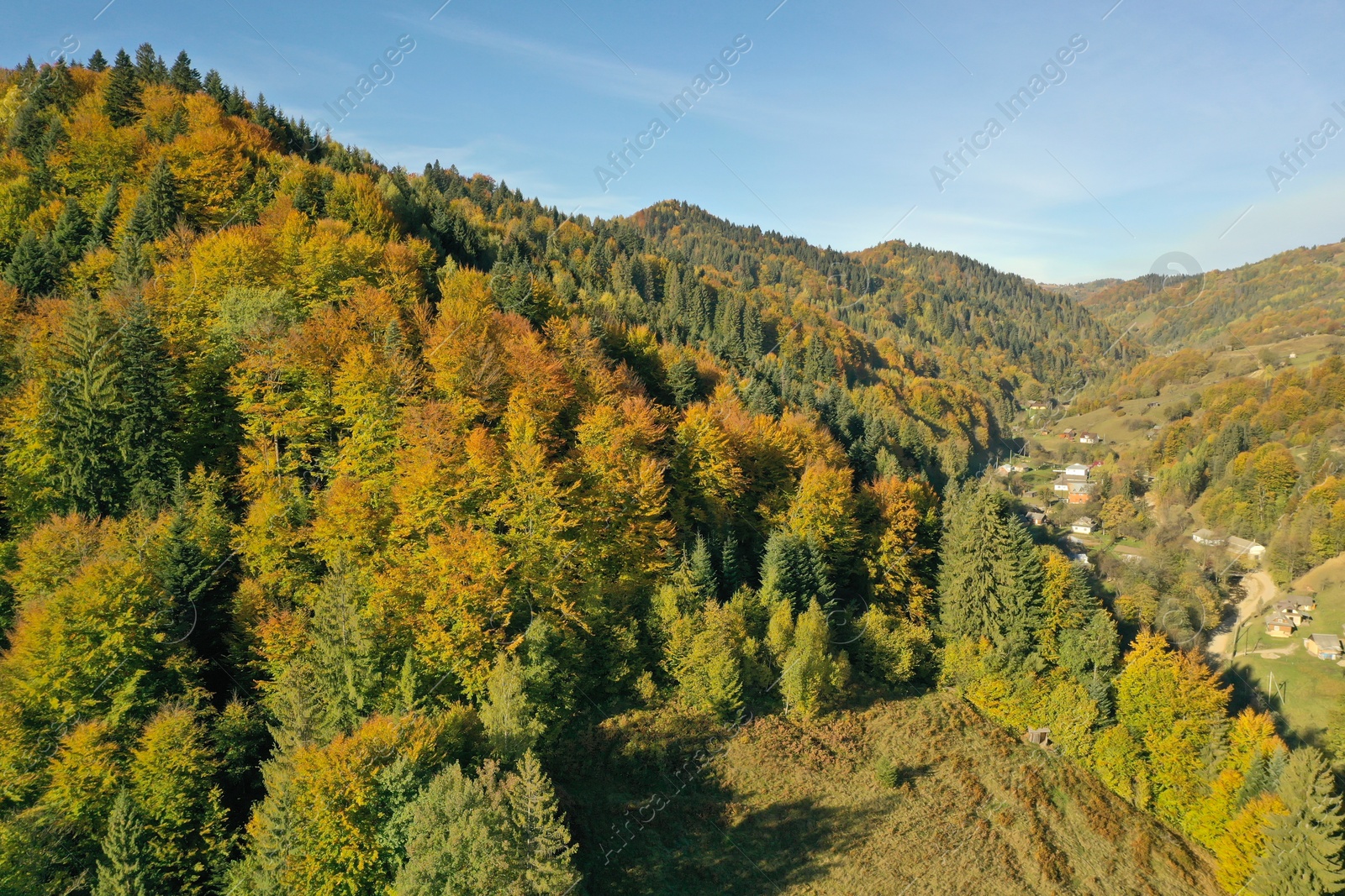 Photo of Aerial view of beautiful mountain forest and village on autumn day