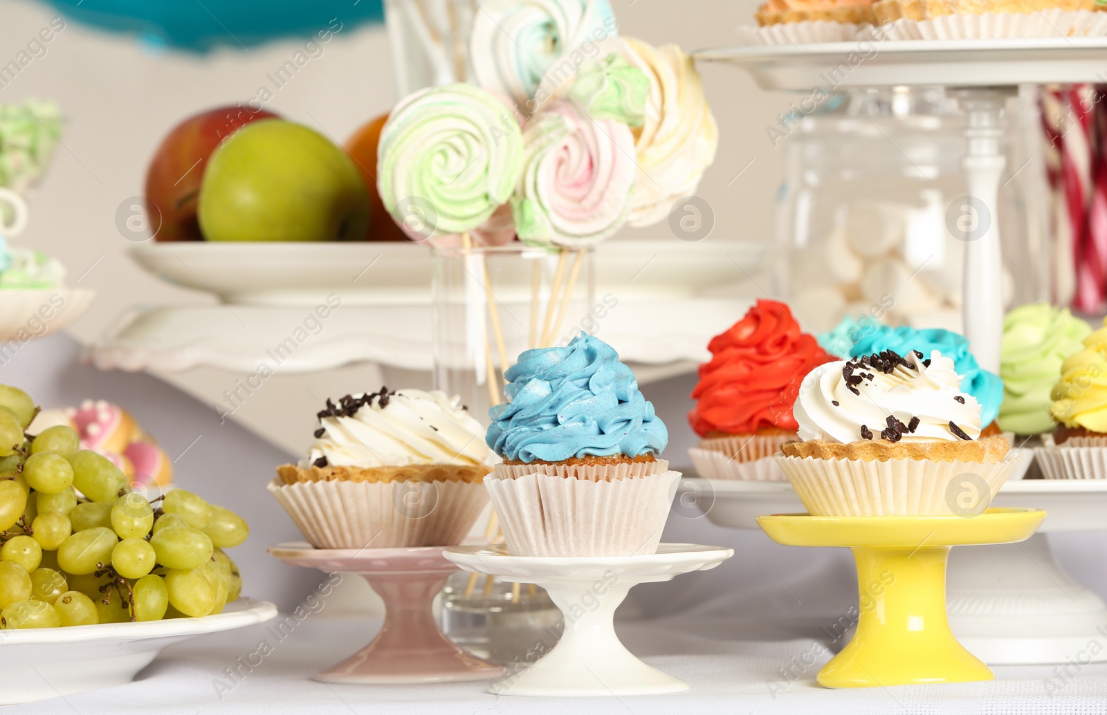 Photo of Delicious treats served on table at candy bar, closeup