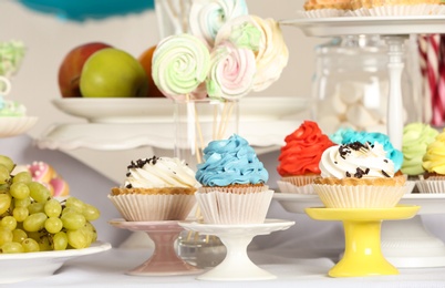 Photo of Delicious treats served on table at candy bar, closeup