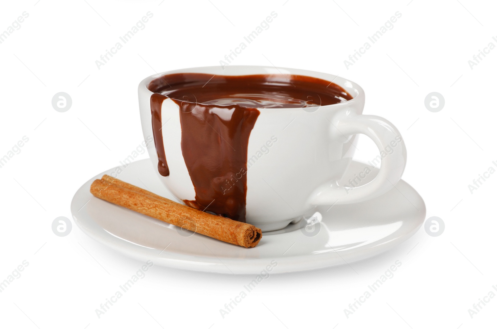 Photo of Cup of delicious hot chocolate with cinnamon stick on white background