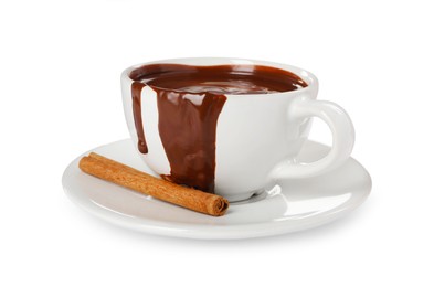 Photo of Cup of delicious hot chocolate with cinnamon stick on white background
