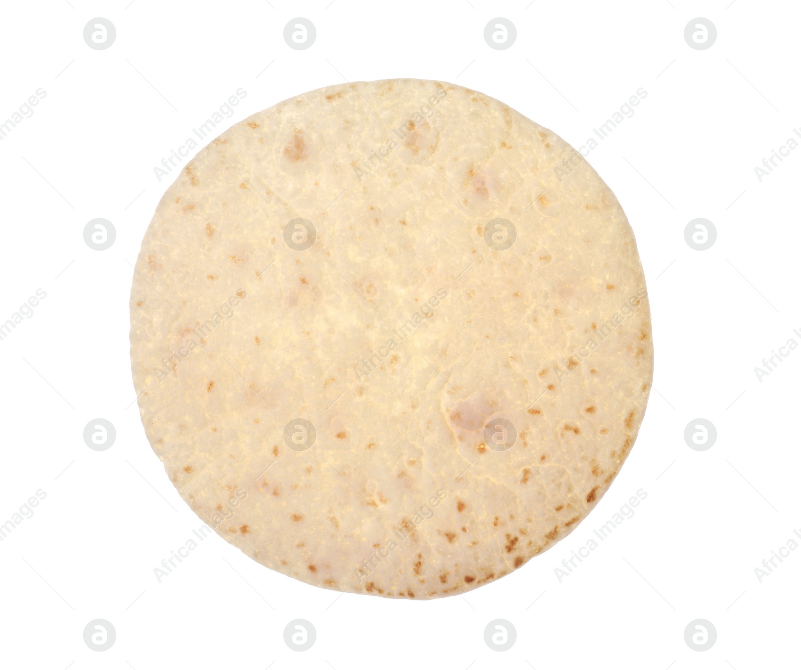 Photo of Corn tortilla on white background, top view. Unleavened bread