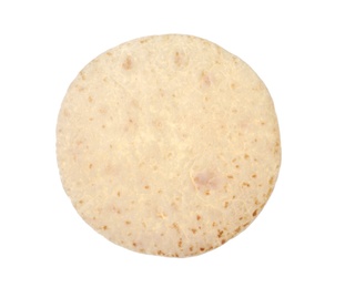 Corn tortilla on white background, top view. Unleavened bread