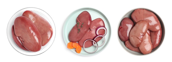 Set with fresh raw kidneys on white background, top view. Banner design