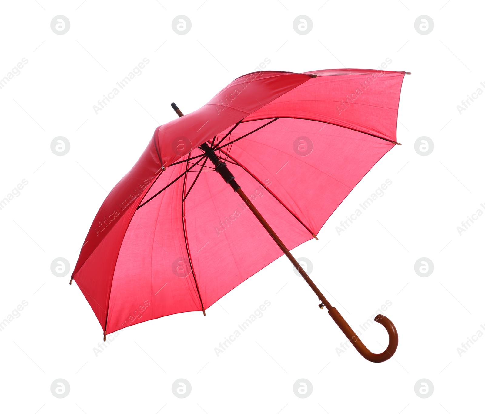 Photo of One open red umbrella isolated on white