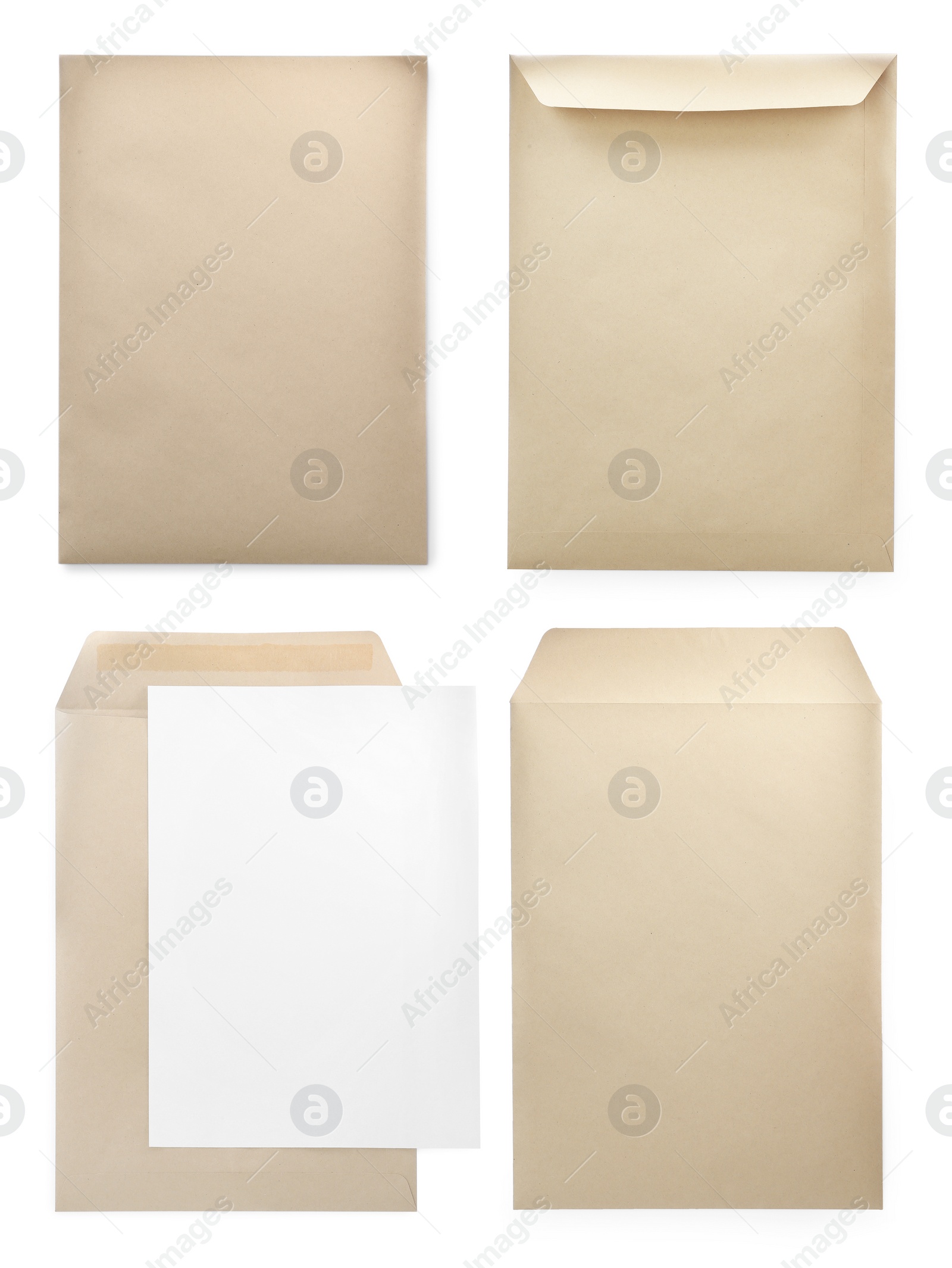 Image of Set with blank kraft paper envelopes on white background