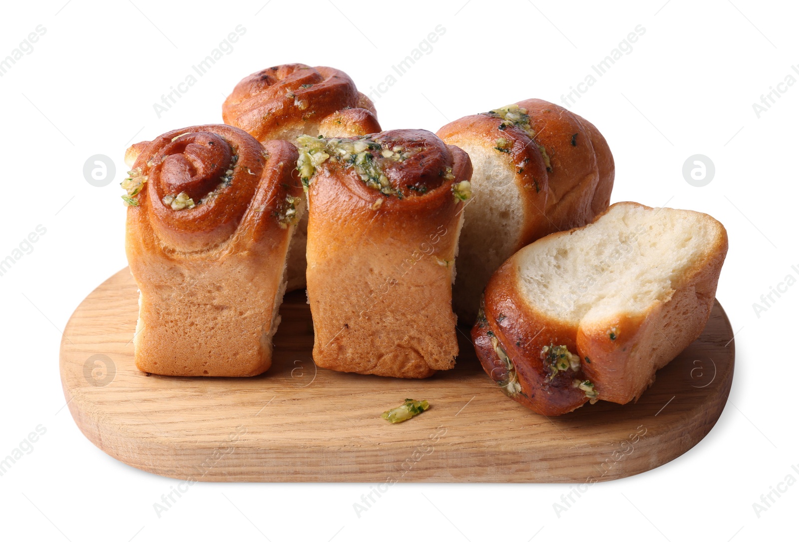 Photo of Tasty fresh pampushky. Traditional Ukrainian buns with garlic isolated on white