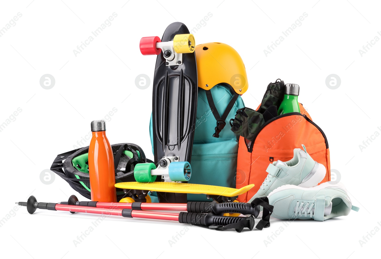 Photo of Many different sports equipment isolated on white